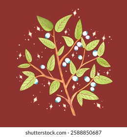 A vibrant illustration of a leafy branch adorned with colorful berries against a rich maroon background. The design features sparkling elements, adding a whimsical touch to nature-themed projects