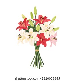 A vibrant illustration of a lily bouquet featuring a mix of red, white, and light pink blossoms. The flowers are shown in various stages of bloom, from tight green buds to fully opened petals with prominent stamens. The stems are tied together with a simple band, and the entire arrangement is set against a clean white background.
