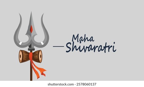 A vibrant illustration of Lord Shiva’s Trishul adorned with a Damru and a flowing red cloth, symbolizing the power and devotion of Maha Shivaratri. The artistic typography complements