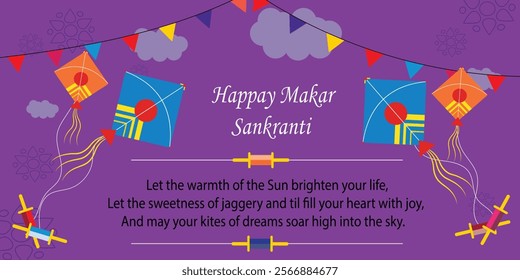 Vibrant illustration of the Makar Sankranti festival, Colorful Celebration of Makar Sankranti with Kites and Festive Decorations, Happy Makar Sankranti Kites Soar High in the Sky.