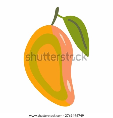 A vibrant illustration of a mango with a green leaf and multi colored skin tones, showcasing its unique texture and appearance