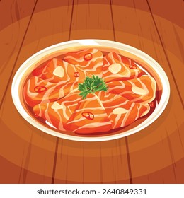 Vibrant illustration of marinated salmon slices, featuring rich orange hues, chili, and garlic accents. This popular Asian delicacy is perfect for culinary, food, and restaurant-themed designs. Ideal 