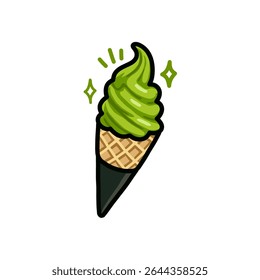 A vibrant illustration of a matcha soft serve ice cream in a waffle cone, adorned with sparkling effects.