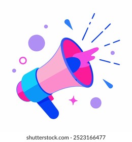 A vibrant illustration of a megaphone in action, with a blue abstract blob and dotted lines symbolizing the announcement. Perfect for marketing, communication, and social media.