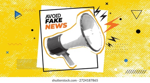 Vibrant illustration of megaphone with bold text avoid fake news on bright yellow background with geometric shapes and lightning bolts warning about misinformation
