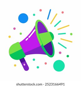 A vibrant illustration of a megaphone with a colorful abstract blob behind it, symbolizing an announcement. The hand holding the megaphone is angled, and dotted lines show the sound waves.