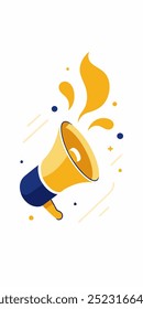 A vibrant illustration of a megaphone with sound waves, symbolizing an announcement or communication. The design features a yellow megaphone with a blue handle, and yellow abstract blobs.