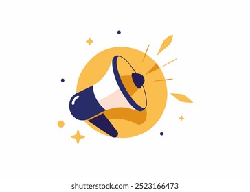 Uma ilustração vibrante de um megafone, com um fundo amarelo e linhas pontilhadas, perfeito para adicionar um toque de energia divertida aos seus materiais de marketing.