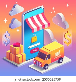 A vibrant illustration of a mobile shopping app with a storefront, delivery truck, packages, and a purchase button. Perfect for themes related to e-commerce, digital retail, and online shopping.