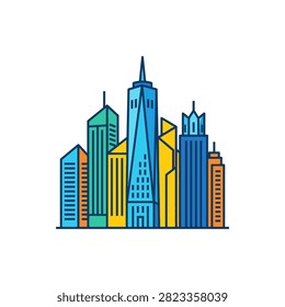 A vibrant illustration of a modern cityscape featuring a cluster of tall, colorful skyscrapers against a white background.