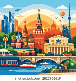 Vibrant illustration of Moscow featuring Kremlin and modern skyline