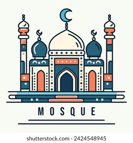 A vibrant illustration of a mosque with line art style and flat color, perfect for ramadan, eid, and islamic event.
