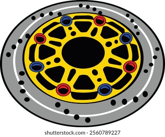 Vibrant illustration of a motorcycle brake disc with a yellow center, emphasizing precision and innovative design. Perfect for automotive design enthusiasts