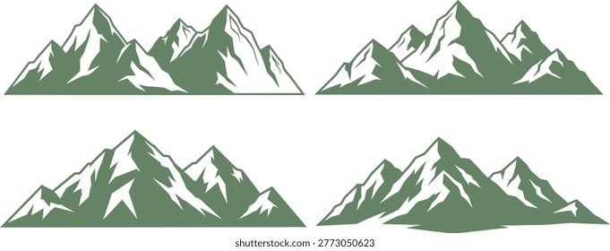 A vibrant illustration of a mountain range, featuring snow-capped peaks and dense green forests, creating a striking silhouette effect.