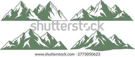 A vibrant illustration of a mountain range, featuring snow-capped peaks and dense green forests, creating a striking silhouette effect.