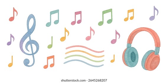 Vibrant  illustration of music notes, treble clef, colorful waves, and headphones. Ideal for posters, playlists, teaching materials, music apps, and creative audio-themed designs.