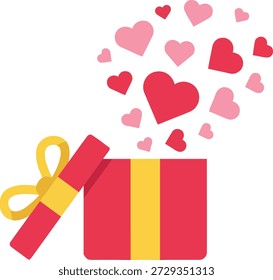 Una ilustración vibrante de una caja de regalo abierta que libera un estallido de corazones.