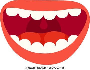 A vibrant illustration of an open mouth shows prominent teeth and a deep red interior, ideal for use in educational contexts or artistic designs highlighting oral health.