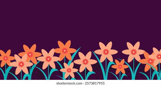 A vibrant illustration of orange flowers with teal stems against a deep purple background, creating a striking and colorful visual contrast.