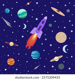 A vibrant illustration of outer space, featuring a rocket soaring among colorful planets and twinkling stars. Saturn and Earth create a sense of wonder.