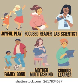 A vibrant illustration pack showcasing various everyday life scenes and family moments. Includes joyful playtime, reading, learning, science experiments, teaching, parenting, and bonding across genera