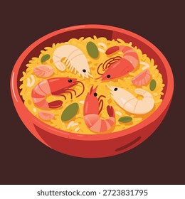 Eine lebendige Illustration einer Paella, gefüllt mit Reis, Garnelen und grünen Erbsen, serviert in einer roten Schüssel.