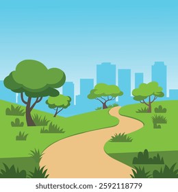 A vibrant illustration of a park path winding through a grassy landscape, with lush green trees and shrubs.