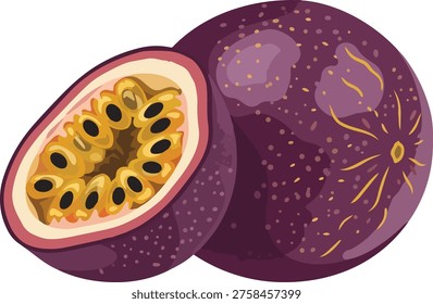 A vibrant illustration of passion fruit, featuring a whole fruit and a halved one revealing its seedy interior. The image captures the essence of this tropical delicacy.