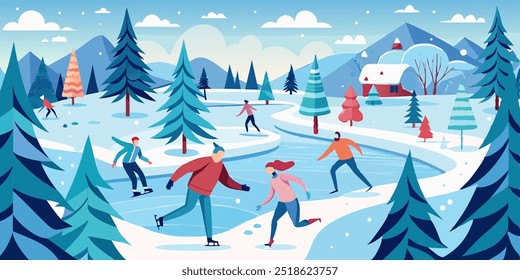 A vibrant illustration of people ice skating on a frozen lake amidst a snowy winter wonderland. The scene features charming cottages, pine trees, and a picturesque mountain backdrop.