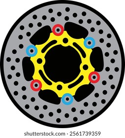 Vibrant illustration of a perforated brake disc with a striking yellow design, highlighting precision engineering and dynamic style for automotive enthusiasts