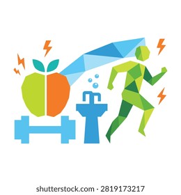 A vibrant illustration of a person running, surrounded by symbols of a healthy lifestyle, including a split apple, dumbbell, and water fountain, conveying wellness and fitness