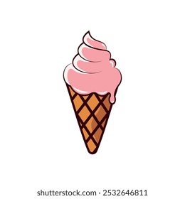 A vibrant illustration of a pink ice cream swirl atop a chocolate waffle cone. Perfect for food-related graphics, summer themes, and promotional materials.