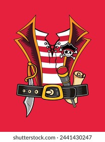 Ilustración vibrante de elementos con temática pirata, incluyendo una espada, un cinturón y una camisa, con un fondo rojo.