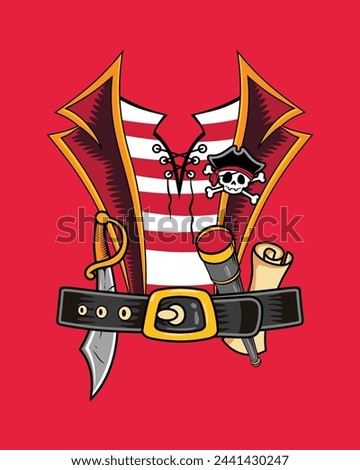 Vibrant illustration of pirate-themed items including a sword, belt, and shirt, with a red backdrop.