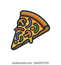 A vibrant illustration of a pizza slice featuring various toppings like mushrooms, onions, and peppers, with melted cheese dripping down.