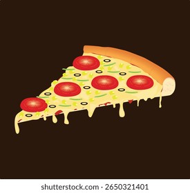 A vibrant illustration of a pizza slice, showcasing melted cheese and various toppings.