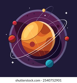 A vibrant illustration of a planet with rings, orbiting in a colorful galaxy. This fun and playful design is perfect for adding a touch of whimsy to your space-themed projects, kids' products.