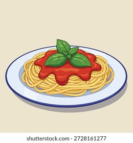 Eine lebendige Illustration eines Tellers mit Spaghetti, großzügig mit reichhaltiger Tomatensauce bedeckt und mit frischen grünen Basilikumblättern garniert.