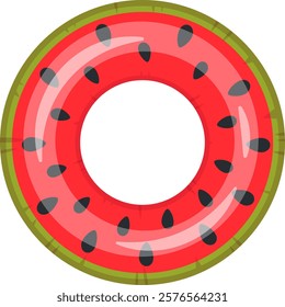 Vibrant illustration of a pool float shaped like a watermelon slice, featuring a red center with black seeds and a green rind. Perfect for summer themed designs and playful concepts