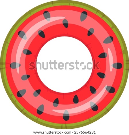 Vibrant illustration of a pool float shaped like a watermelon slice, featuring a red center with black seeds and a green rind. Perfect for summer themed designs and playful concepts