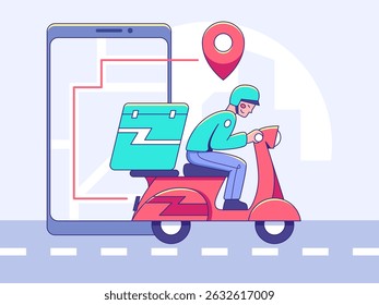 A vibrant illustration portrays a delivery person on a scooter, seamlessly navigating the cityscape, symbolizing fast and efficient service with the aid of a digital map and tracking system.
