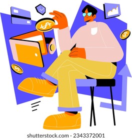 Vibrant illustration portrays the world of online shopping. Colorful icons and graphics depict seamless browsing, cart-filling, and secure transactions Vector