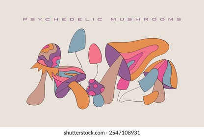 Vibrant illustration of psychedelic mushrooms with bold, colorful patterns. Perfect for retro-themed designs, posters, or creative projects inspired by 1960s aesthetics