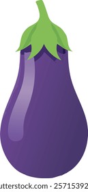 A vibrant illustration of a purple eggplant with a green stem and cap, featuring a smooth and glossy finish in a cartoon style