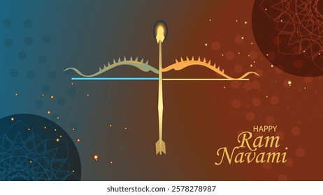 Vibrant illustration for Ram Navami featuring a bow and arrow symbolizing Lord Rama's strength and victory, with festive patterns and colors celebrating the auspicious occasion