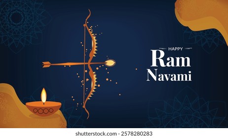 Vibrant illustration for Ram Navami featuring a bow and arrow, symbolizing Lord Rama’s power and triumph, with glowing diyas and festive patterns celebrating the occasion