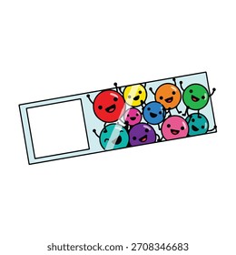 Una ilustración vibrante de un Anuncio rectangular con un espacio en blanco y un grupo de personajes circulares alegres, coloridos y de estilo de dibujos animados. Estas figuras sonrientes en varios tonos transmiten alegría.