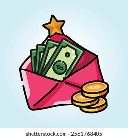 A vibrant illustration of a red envelope overflowing with cash and shiny gold coins, topped with a lucky star!