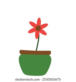 A vibrant and illustration of a red flower with six petals in a green pot. The flower's brown center and green stem make it perfect for nature, decor, and botanical themes