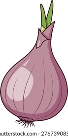A vibrant illustration of a red onion featuring fresh green shoots emerging from its top, showcasing its natural growth.